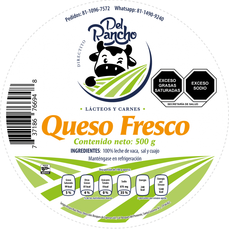 Diseño de etiqueta adhesiva para alimentos, queso fresco