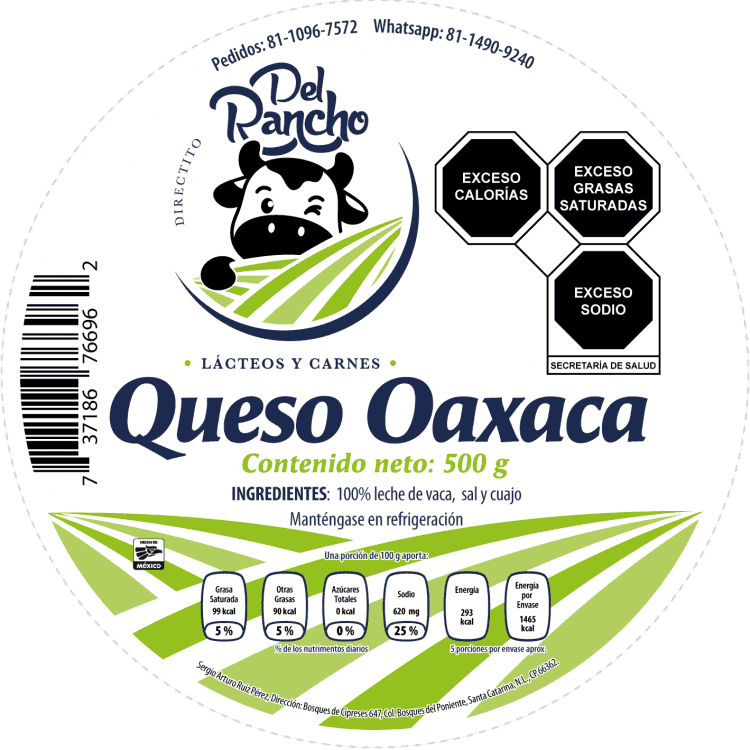 Diseño de etiqueta adhesiva para alimentos lácteos, Directito del Rancho 2 Etiqueta adhesiva para Queso Oaxaca