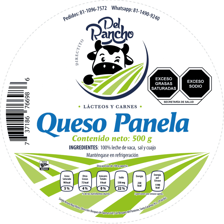 Diseño de etiqueta adhesiva para alimentos lácteos, Directito del Rancho 3 Etiqueta adhesiva Queso Panela