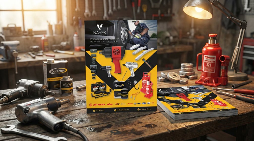 Diseño de Volante Publicitario para Navek: Equipo y Material para Llantas de Tractocamión en Monterrey