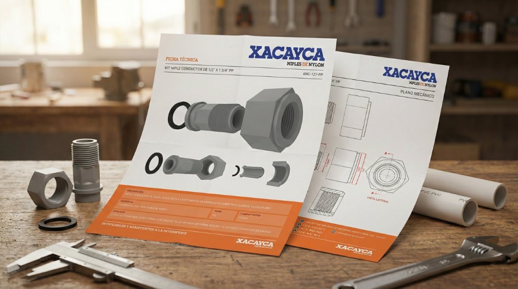 Diseño de Ficha Técnica y Documentación Industrial para Xacayca: Niples de Nylon en Monterrey